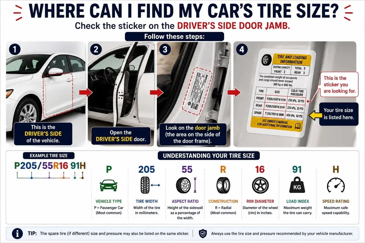 How to find your car's tire size on the driver's side door jamb
